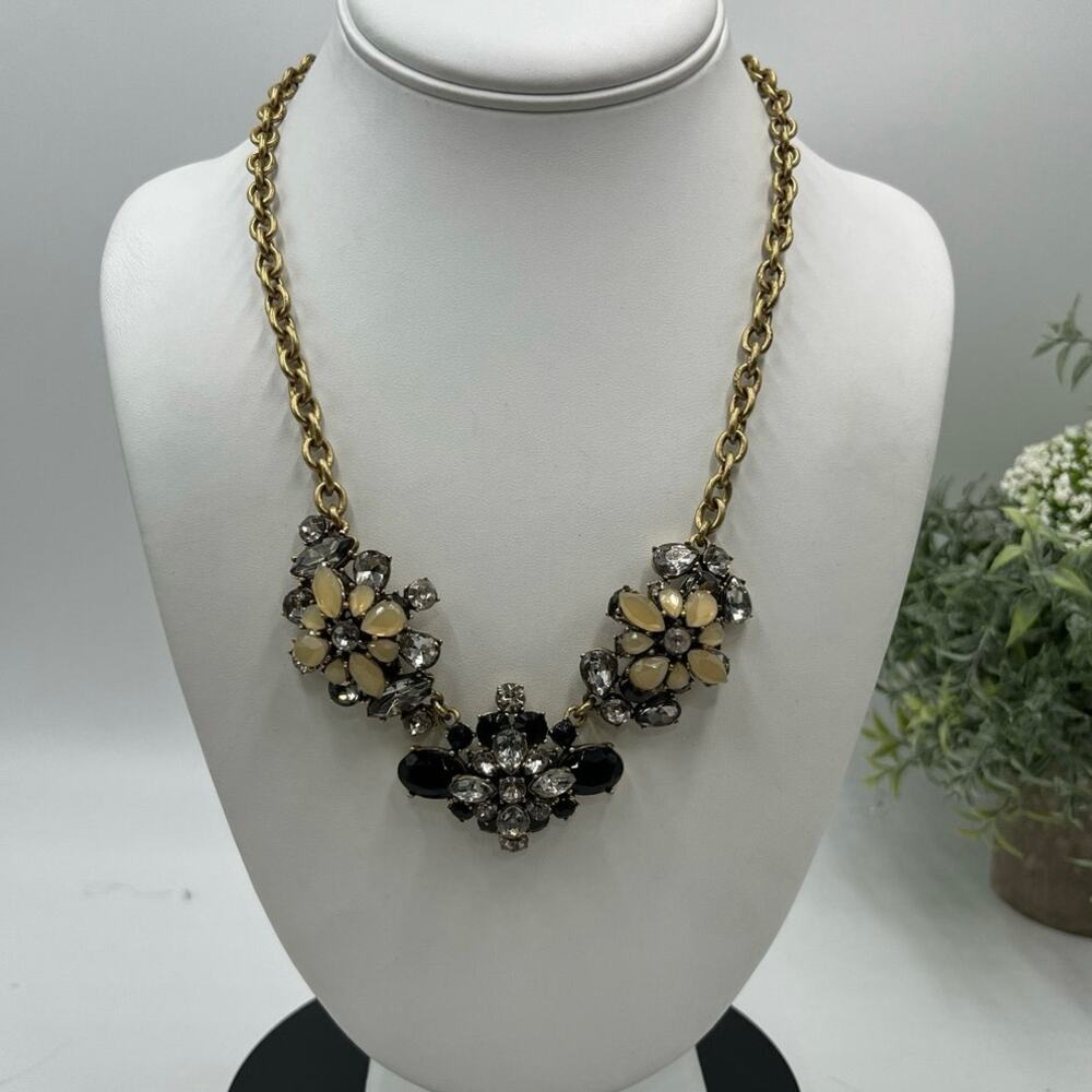 J. Crew Black Gray and Taupe Clear Rhinestone Cluster Stacked Statement Necklace